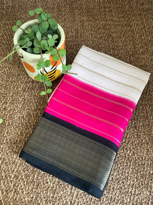 White &pink Chiffon 2D saree with black border