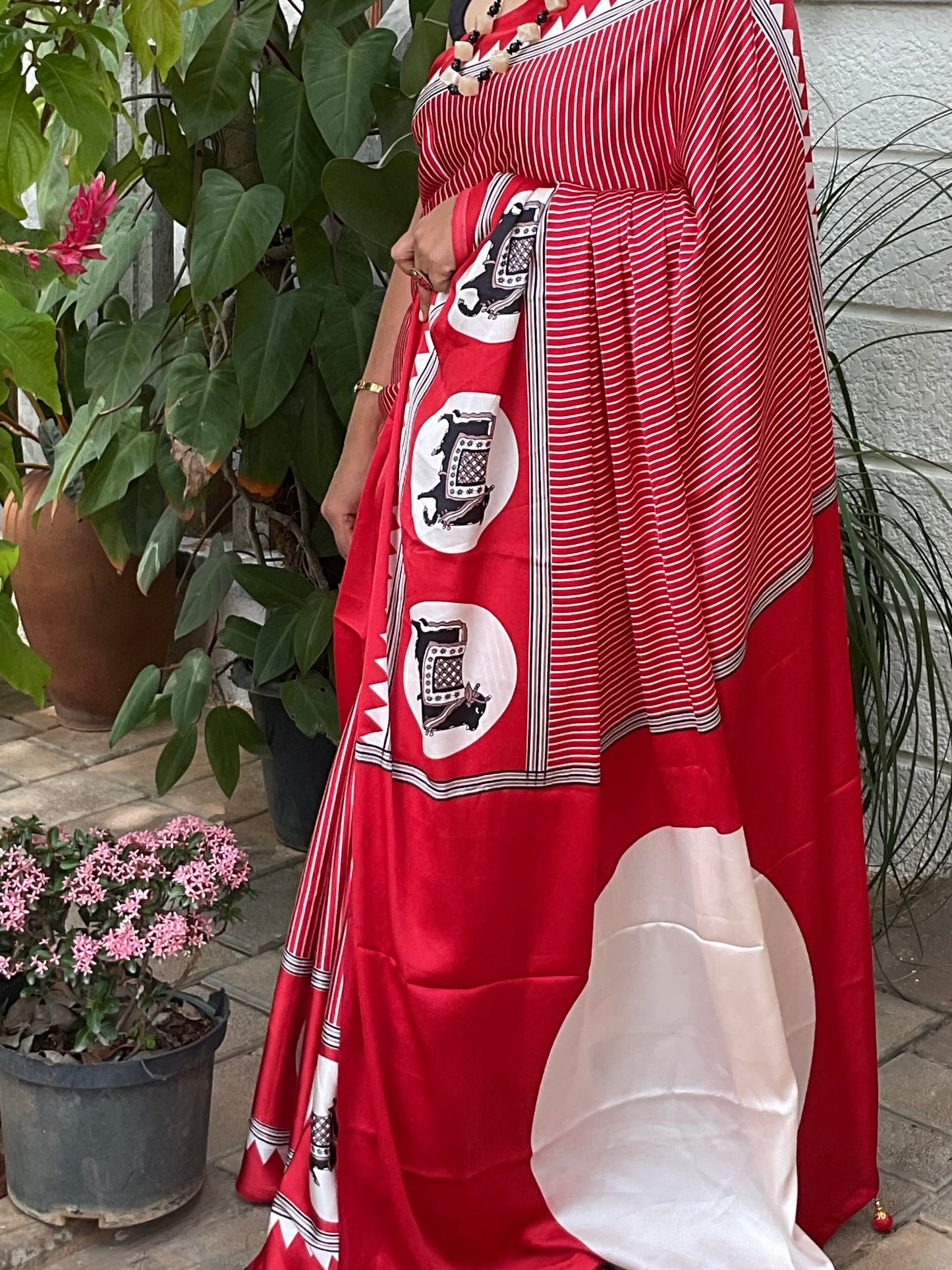 Red Ajrakh Dola Silk Saree