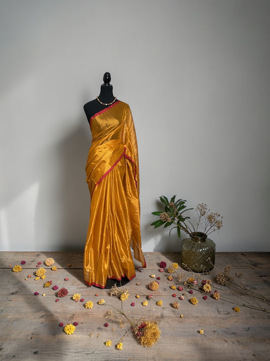 Khadi Tissue saree (mustard with Red border)