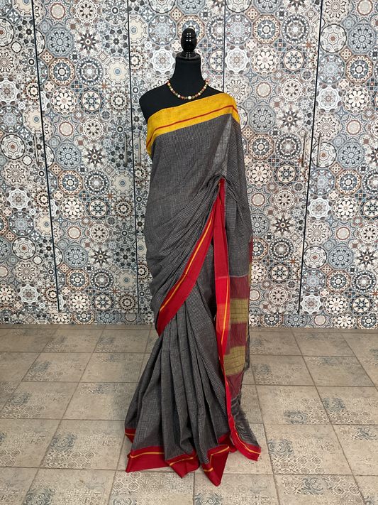 Pure Handloom Pattedanchu Cotton Saree – Black Checks with Traditional Red Pallu