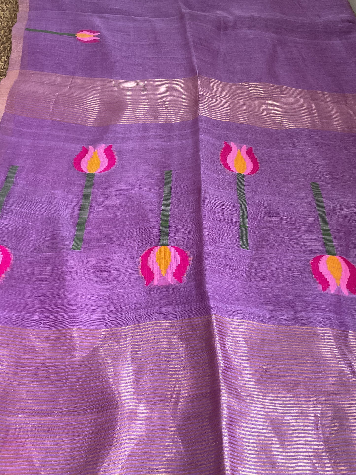 Pure jamdani muslin linen silk saree (Purple)