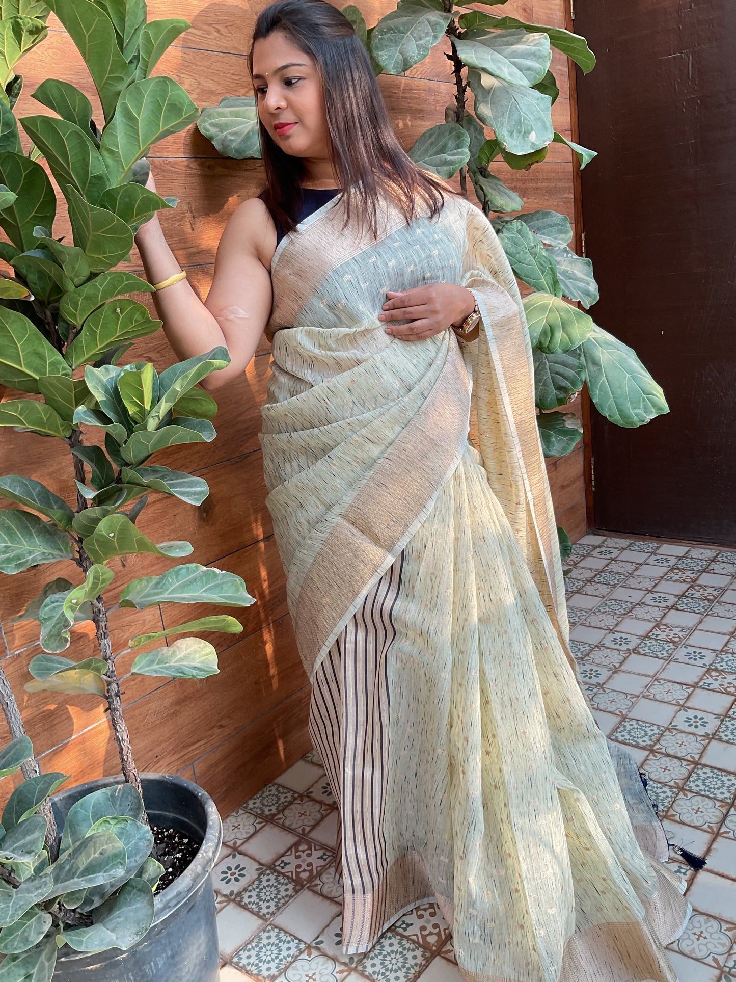 Cotton Linen saree(cream with blue)