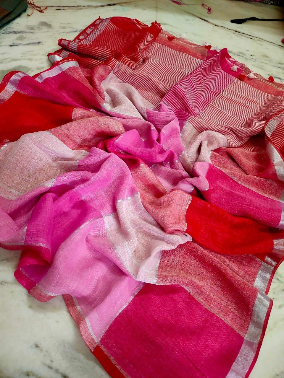 Handloom Linen saree(pink n white)