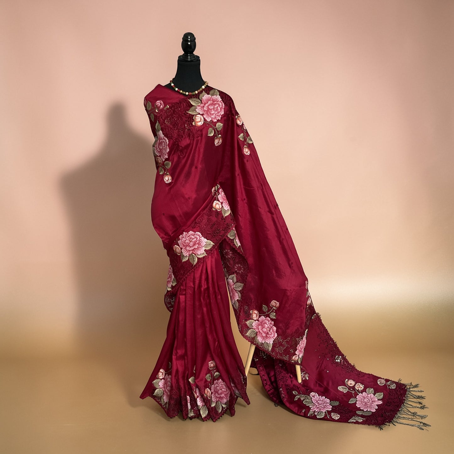 Pure Raw silk with Korean machine embroidery(Deep wine Red saree)
