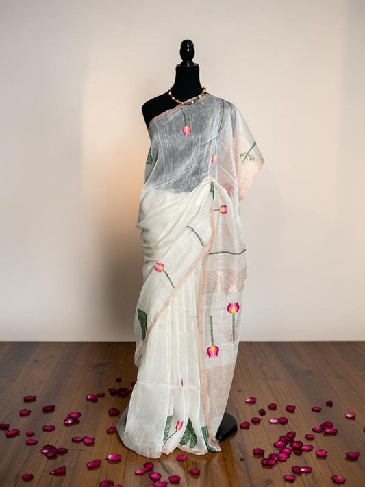 Pure Handoven Muslin jamdani linen silk saree(Ivory petal grace)