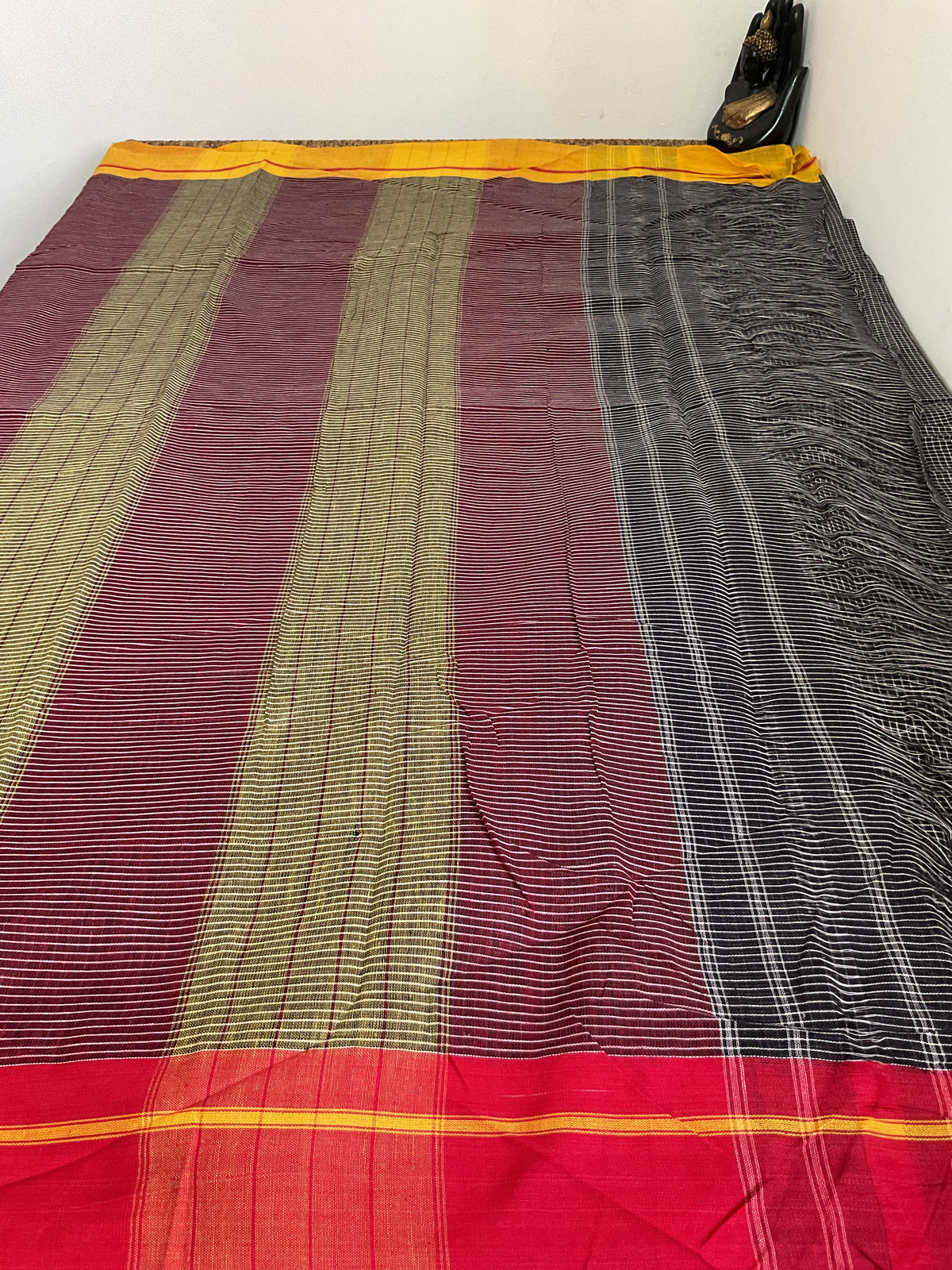 Pure Handloom Pattedanchu Cotton Saree – Black Checks with Traditional Red Pallu