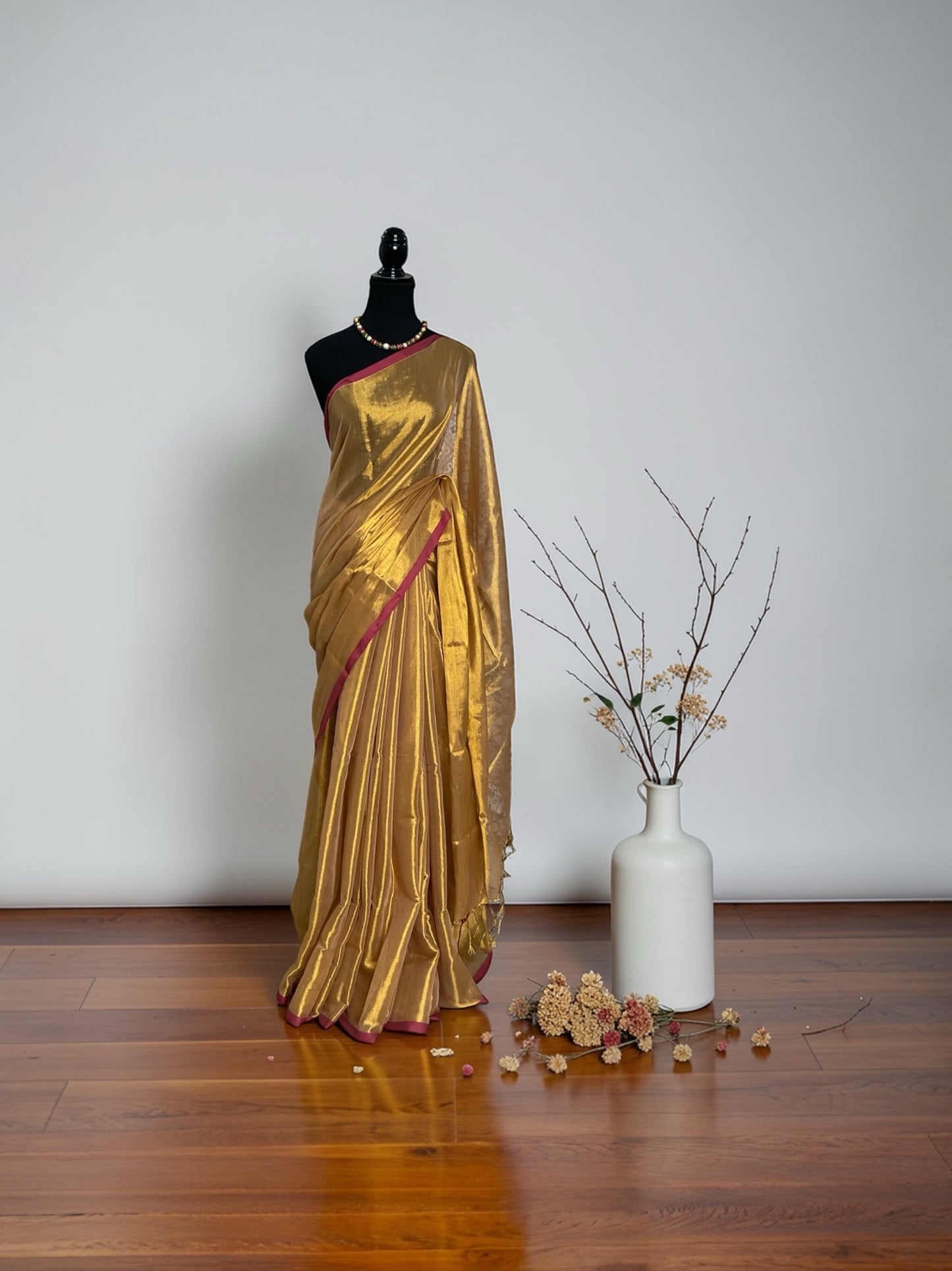 Khadi Tissue saree(Golden with pink border)