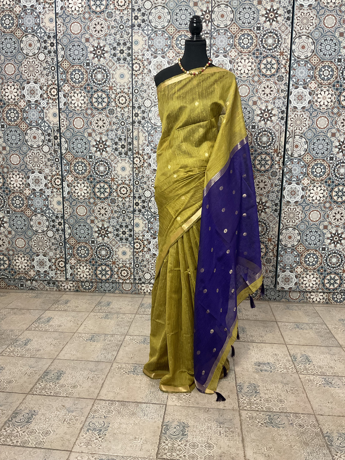 Maheshwari Cotton Saree-Olive Green & Royal Purple