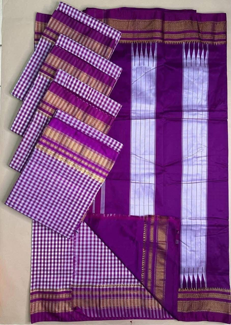 Tum Tum Checks Traditional Ilkal Saree – Purple & White with Silver Pallu