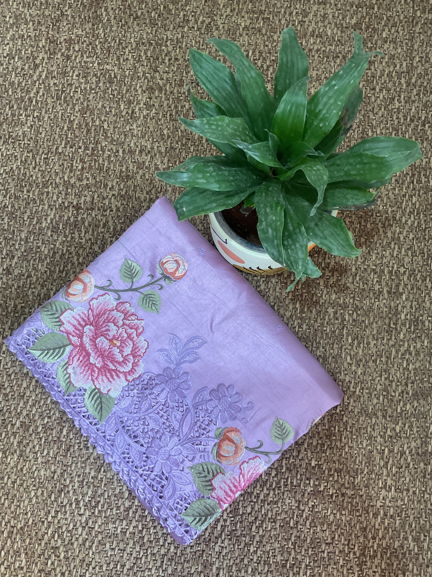Pure Raw silk with Korean machine embroidery(Lavender)