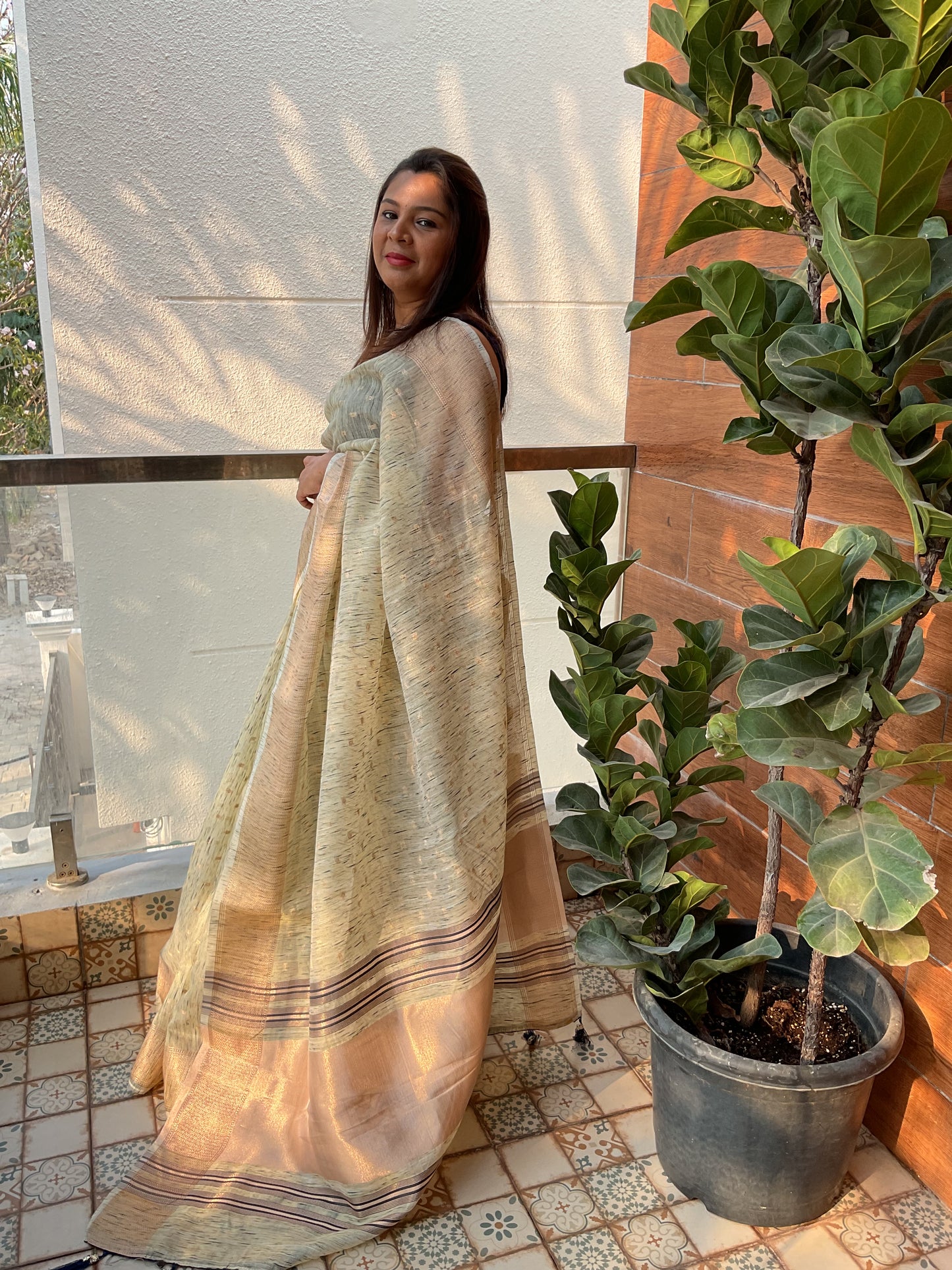 Cotton Linen saree(cream with blue)