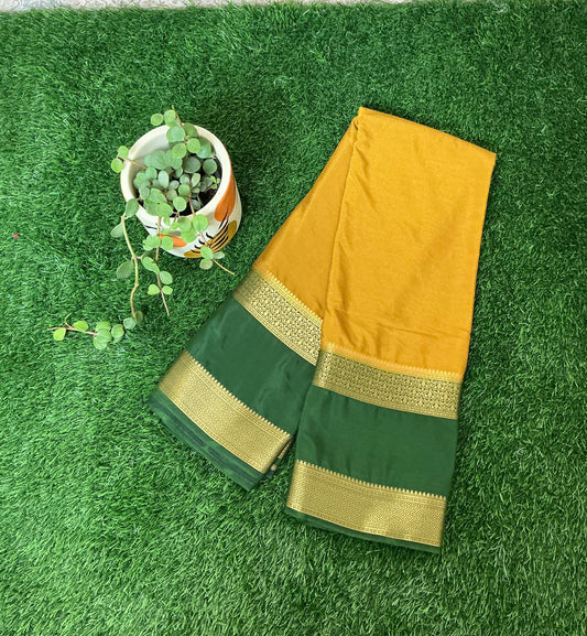 Yellow with green border Semi Mysore silk crepe 2D saree