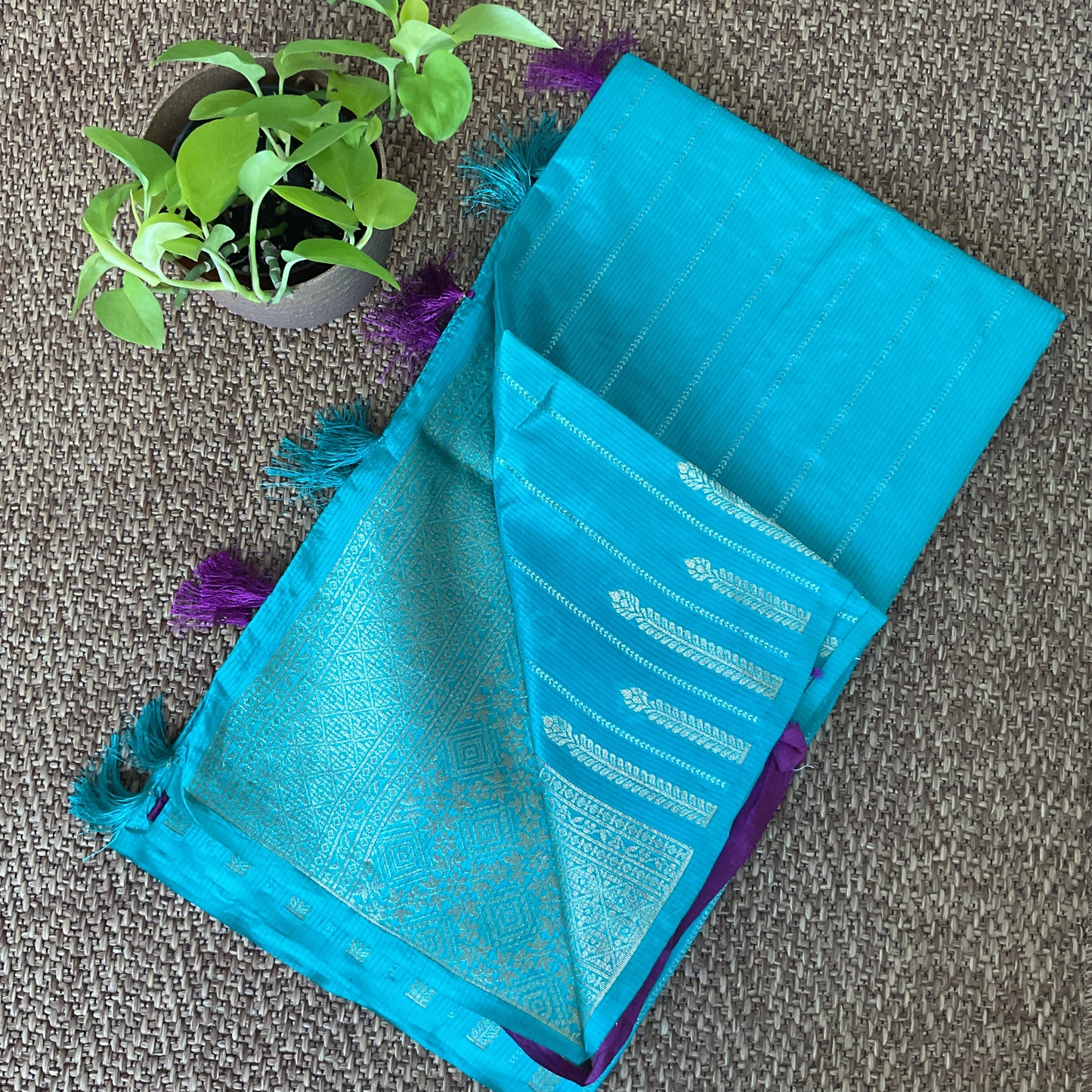Tussar temple border saree-(Turquoise)
