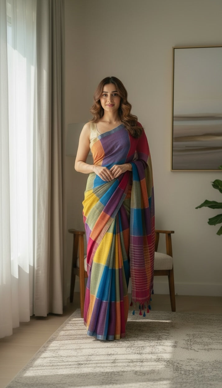 Handloom Linen saree(multicolour )