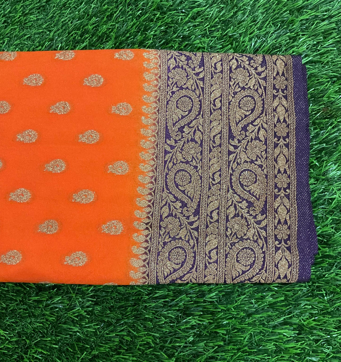 Dark orange with purple border Banarasi crepe georgette saree