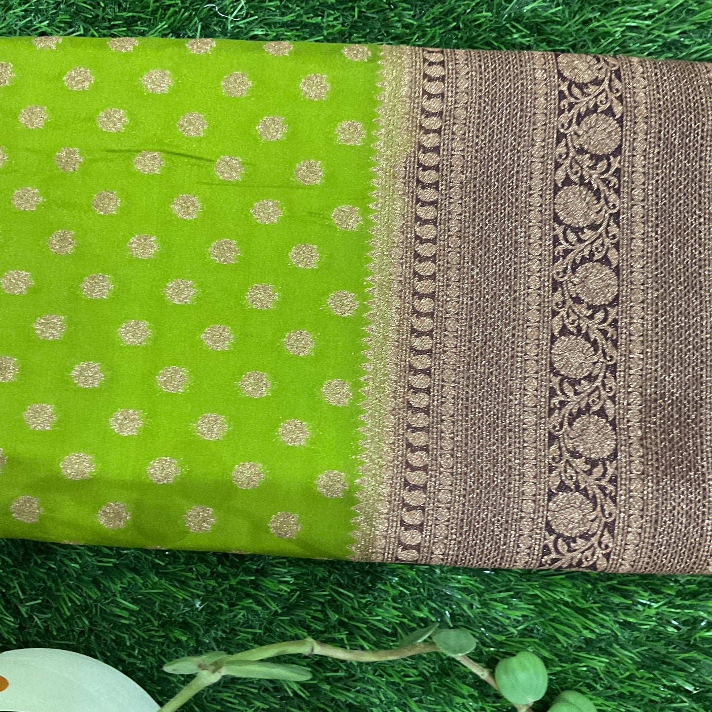 Green with brown Banarasi crepe georgette saree