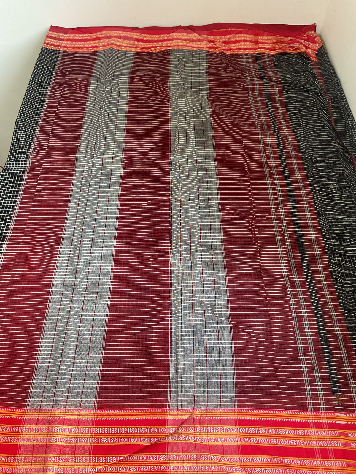 Pure Handloom pattedanchu Cotton Saree (Black checks with Traditional Red Border)