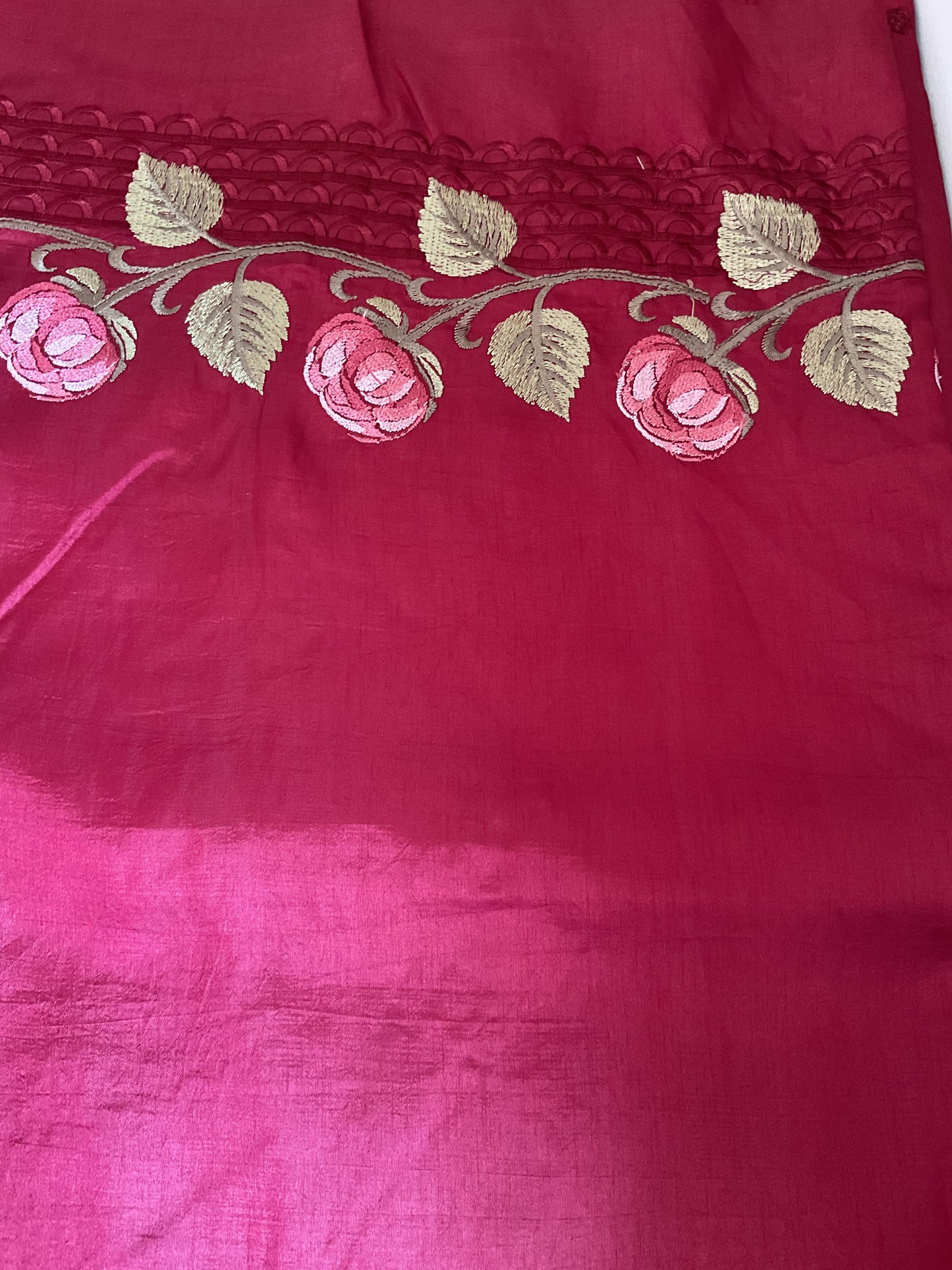 Pure Raw silk with Korean machine embroidery(Deep wine Red saree)