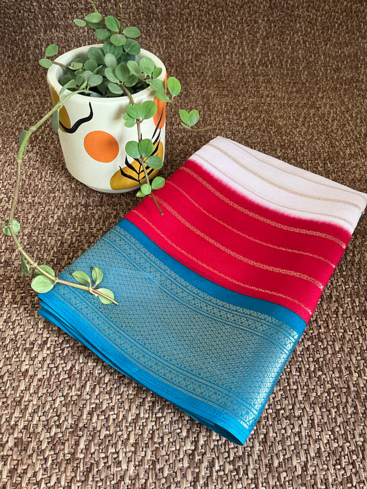 White &r red Chiffon 2D saree with blue border