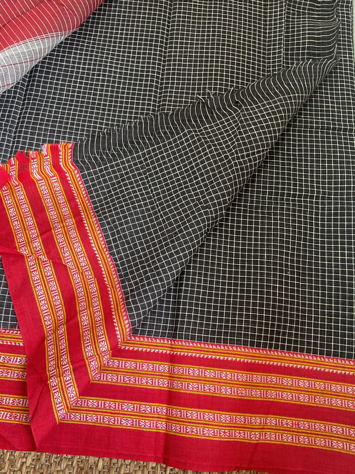 Pure Handloom pattedanchu Cotton Saree (Black checks with Traditional Red Border)