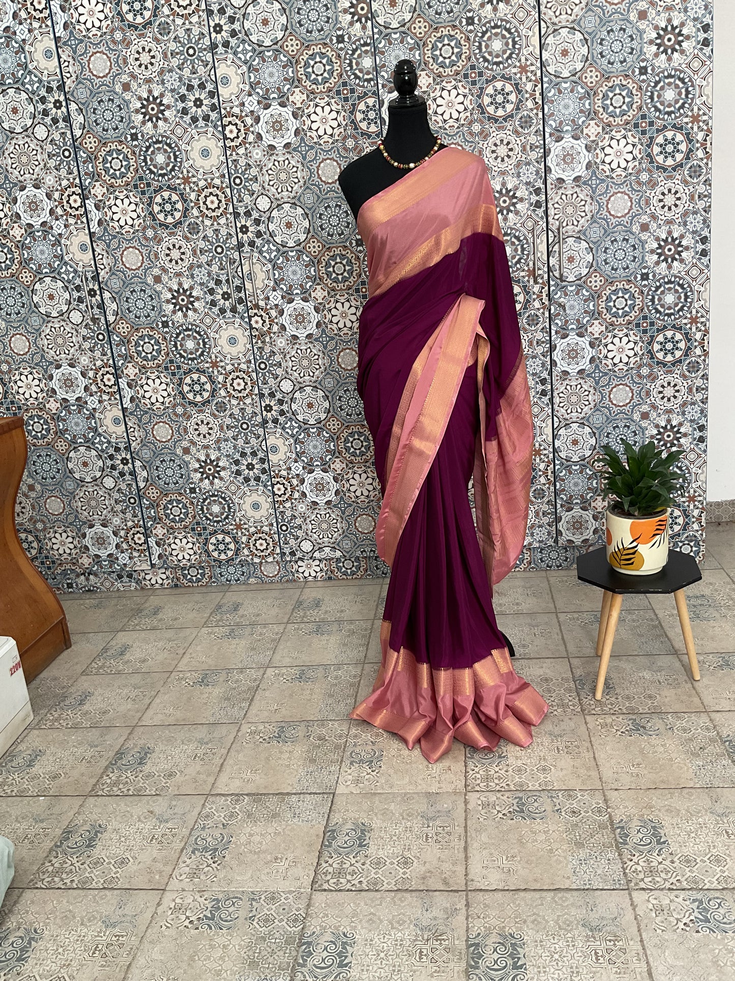 Semi-Mysore silk crepe saree(purple with pink)