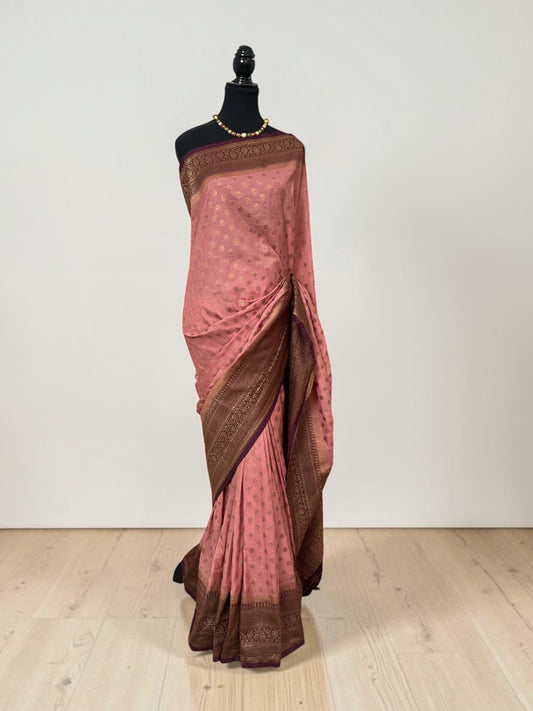 Banarasi crepe silk  saree(Onion pink with purple border)