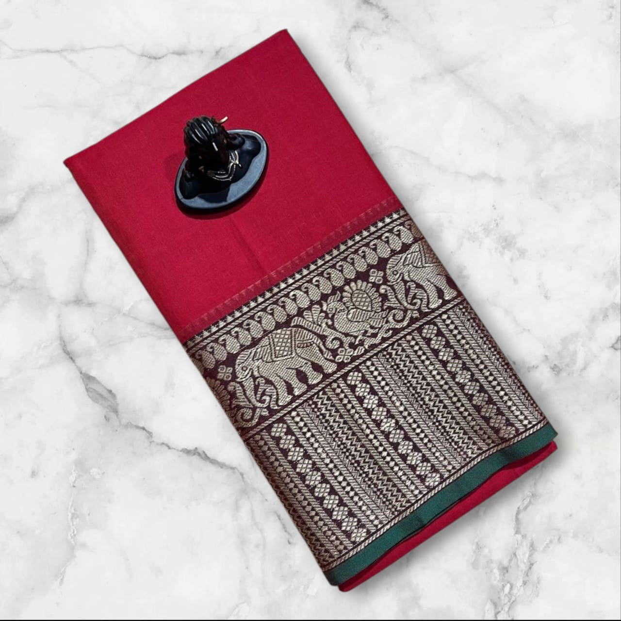 Narayanpet saree with elephant border (Red)