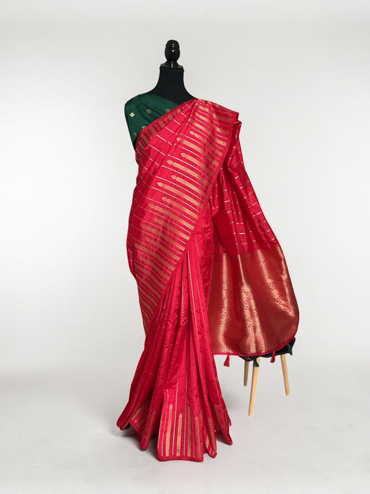 Tussar temple border saree-(Red)
