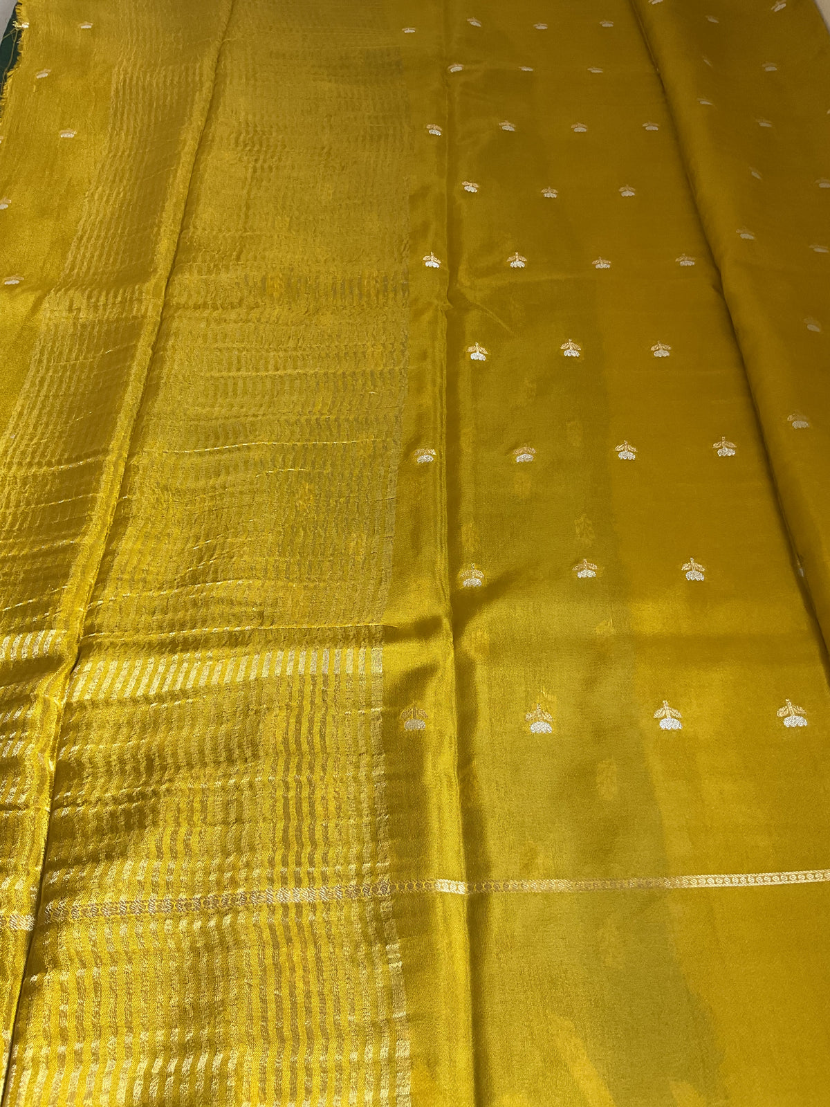 Viscose crepe saree- Mustard yellow & green with floral butta