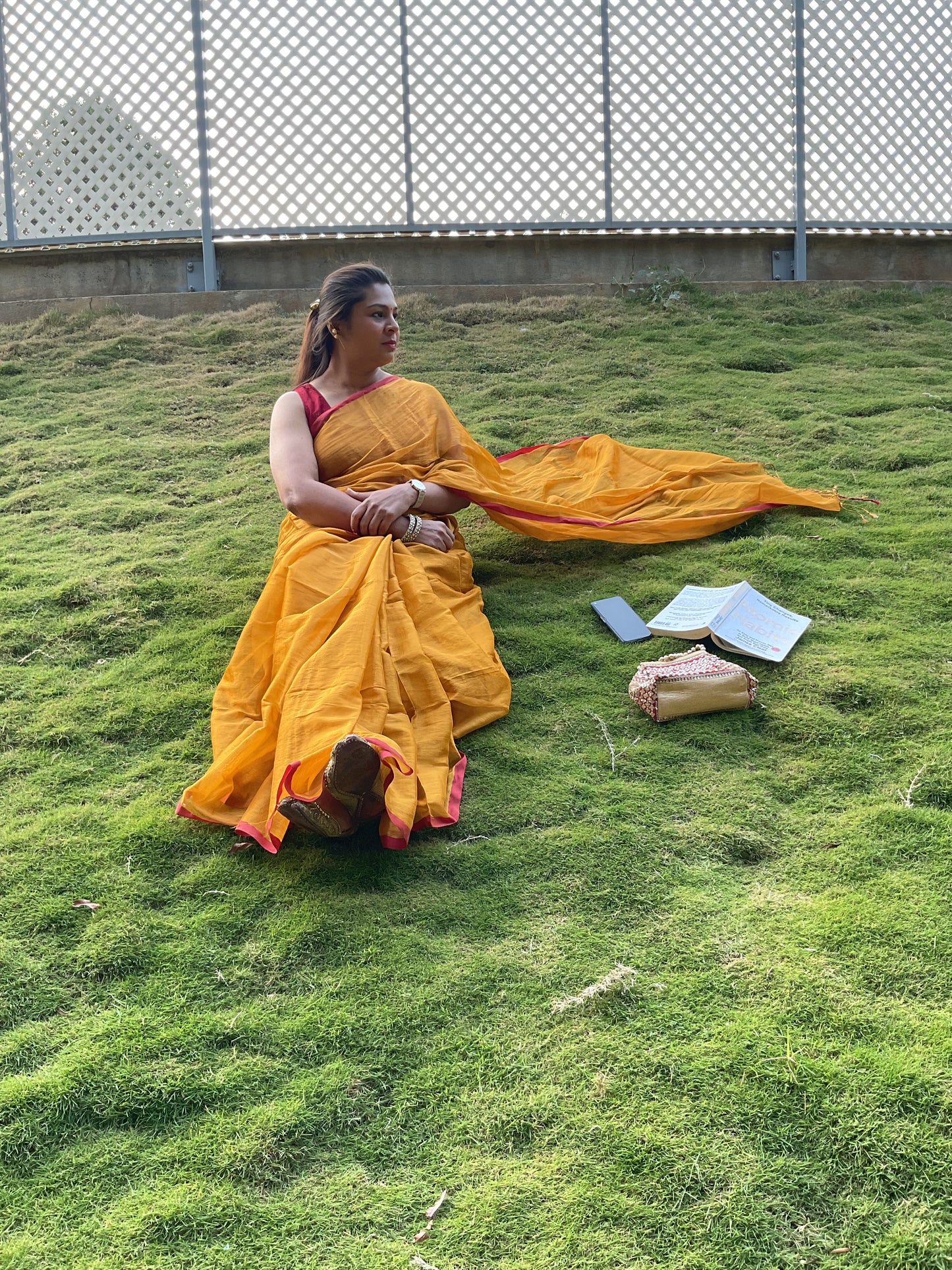 Khadi Tissue saree (mustard with Red border)