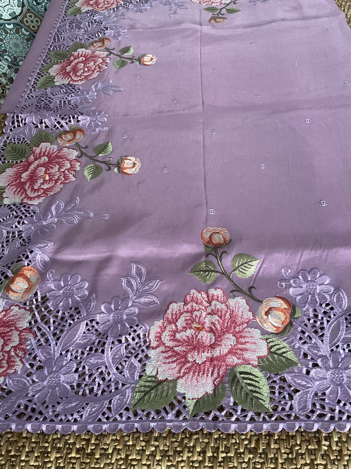 Pure Raw silk with Korean machine embroidery(Lavender)