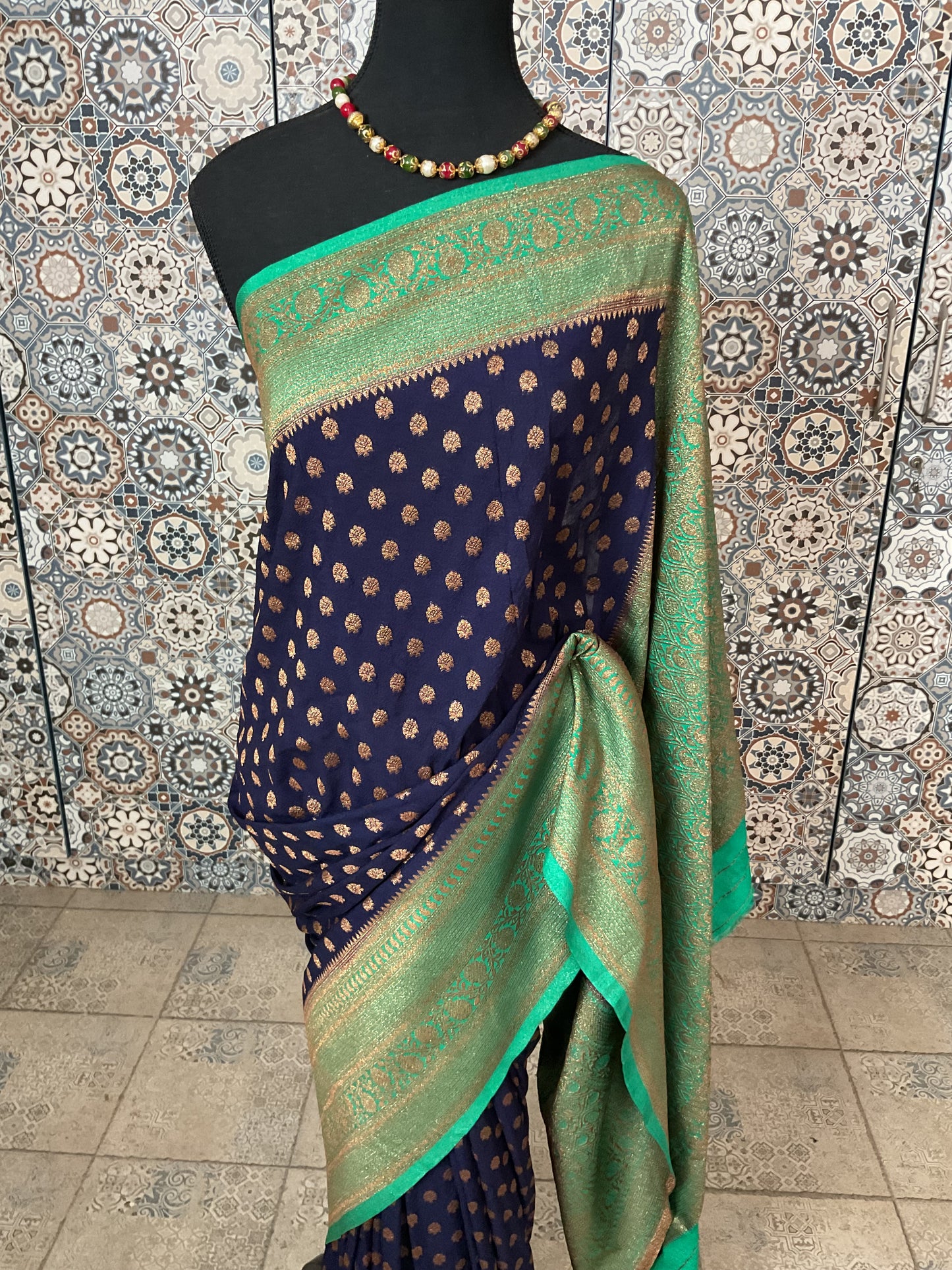 Banarasi crepe silk Saree (Navy blue with Mint Green Zari Border)