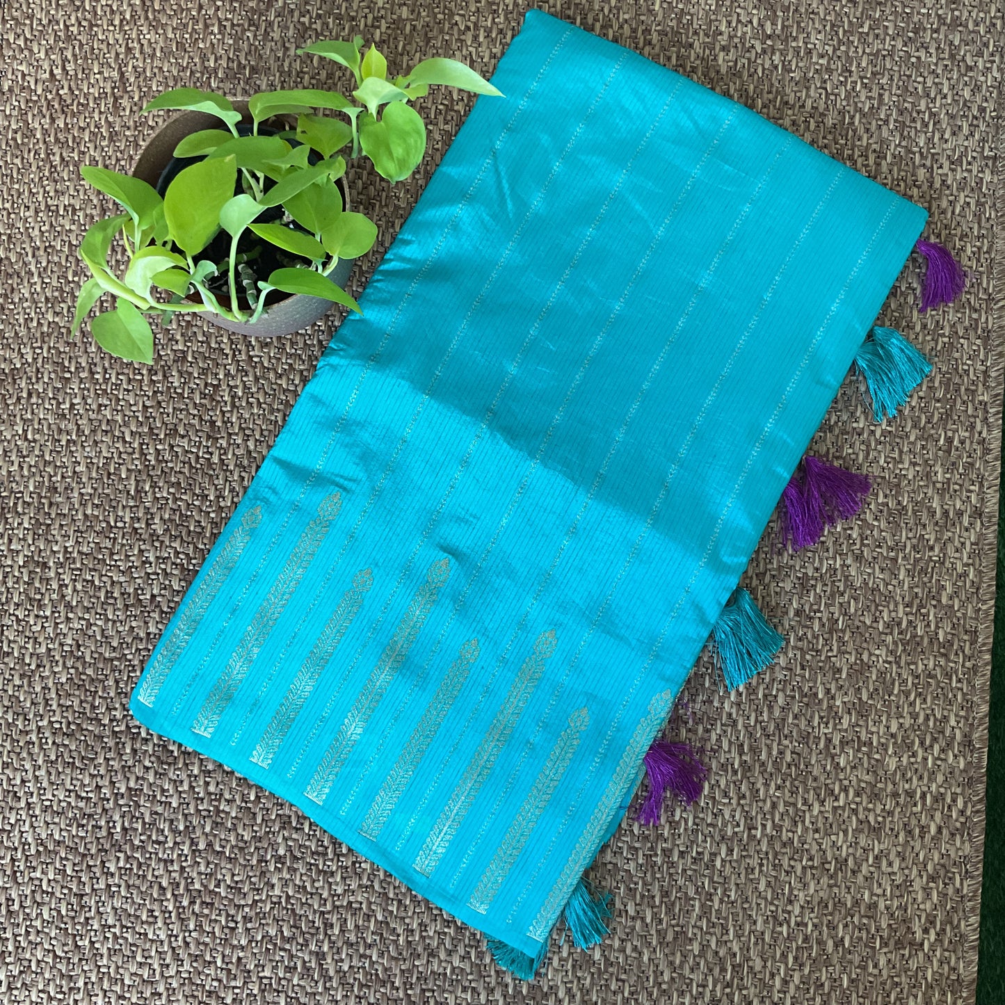 Tussar temple border saree-(Turquoise)