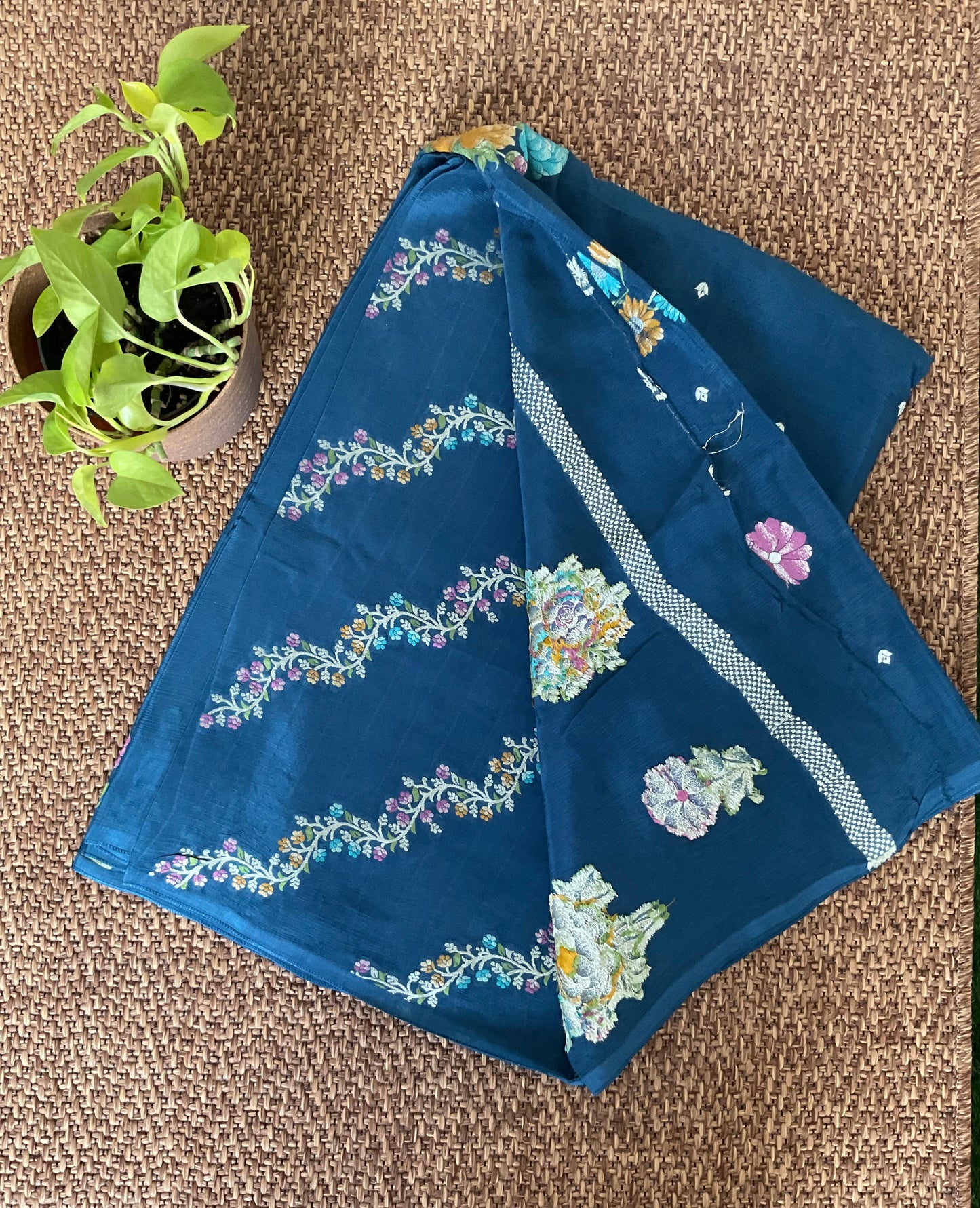 Chinnon crepe blue saree