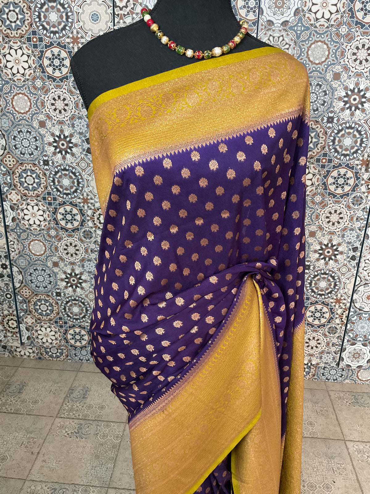 Banarasi crepe silk saree(Royal purple with gold sari border)