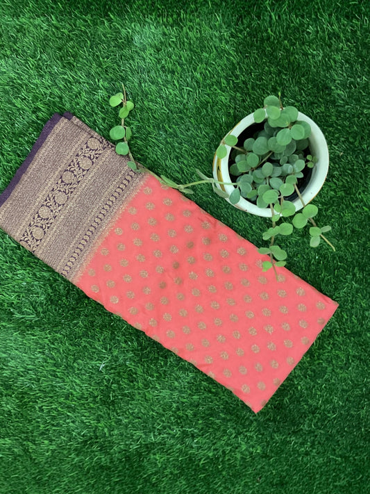 Banarasi crepe silk  saree(Onion pink with purple border)