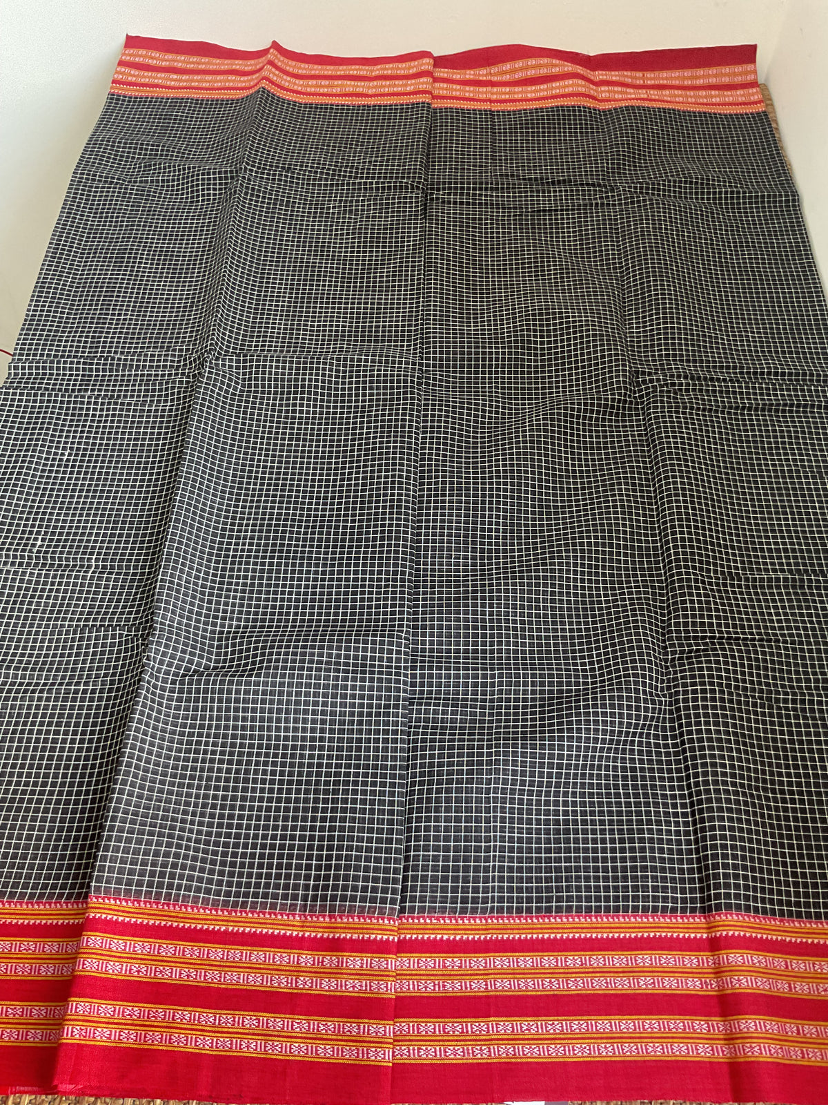Pure Handloom pattedanchu Cotton Saree (Black checks with Traditional Red Border)