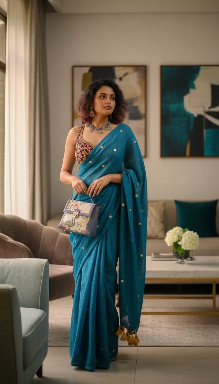 Gini Mul cotton saree(Teal blue)