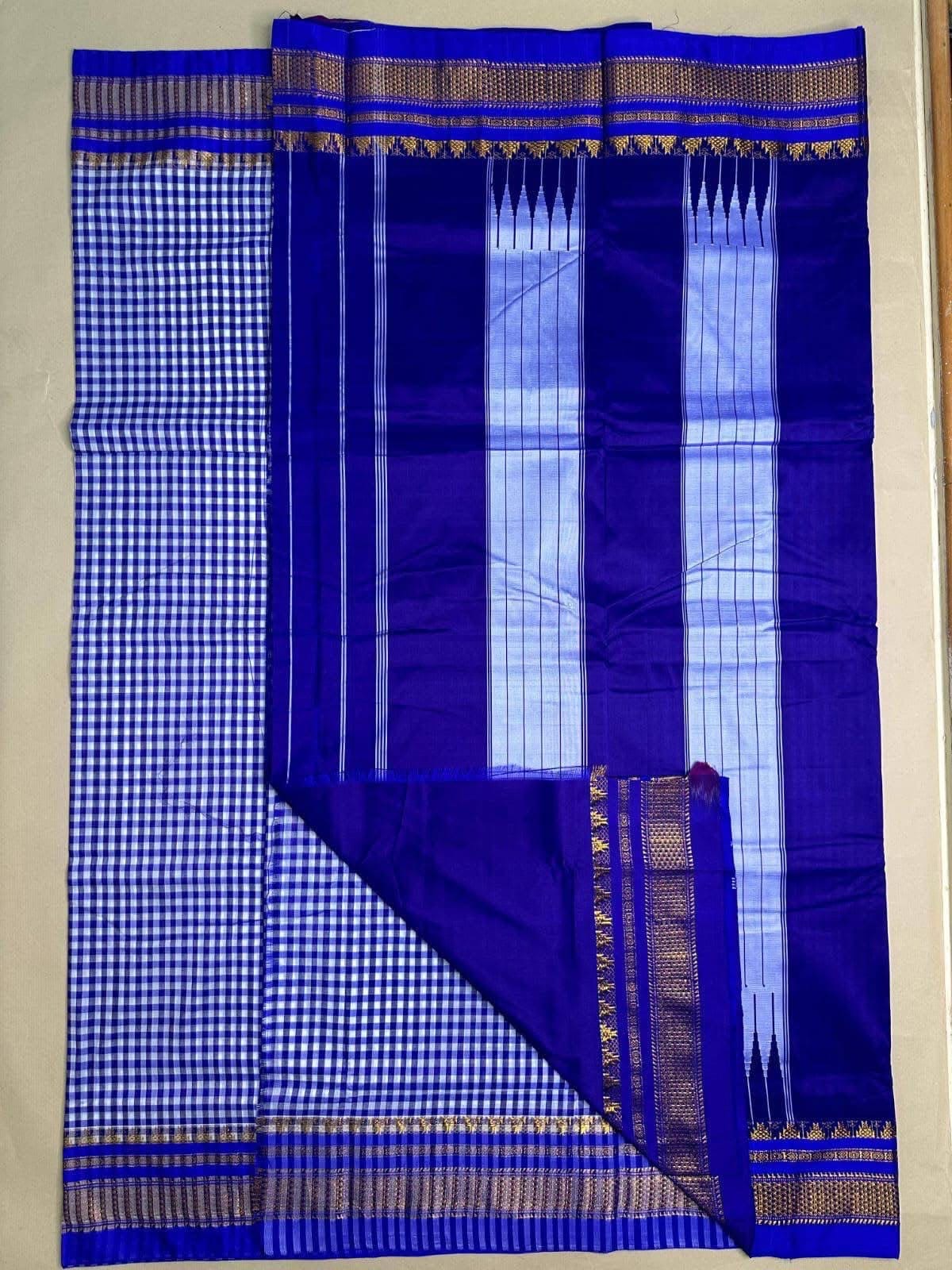 Tum Tum Checks Traditional Ilkal Saree – Blue & White with Silver Pallu