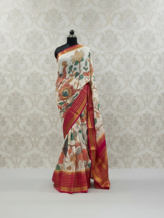 Semi-Crepe silk kalamkari digital print saree- (Cream with pink)