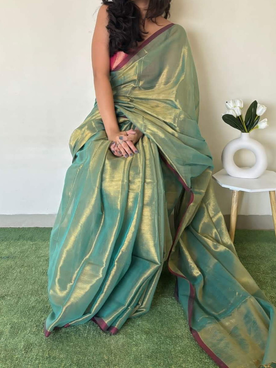 Khadi Tissue saree(Teal green with Rani pink border)