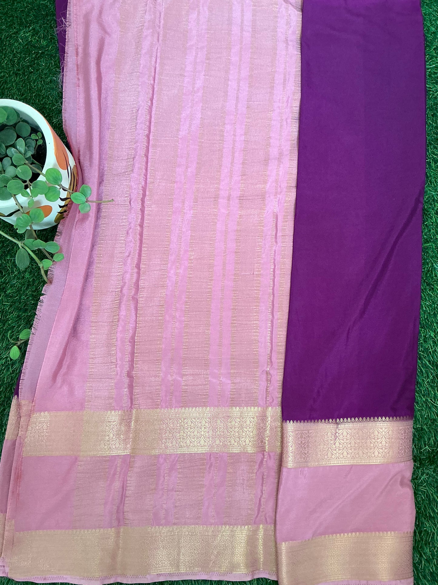 Semi-Mysore silk crepe saree(purple with pink)