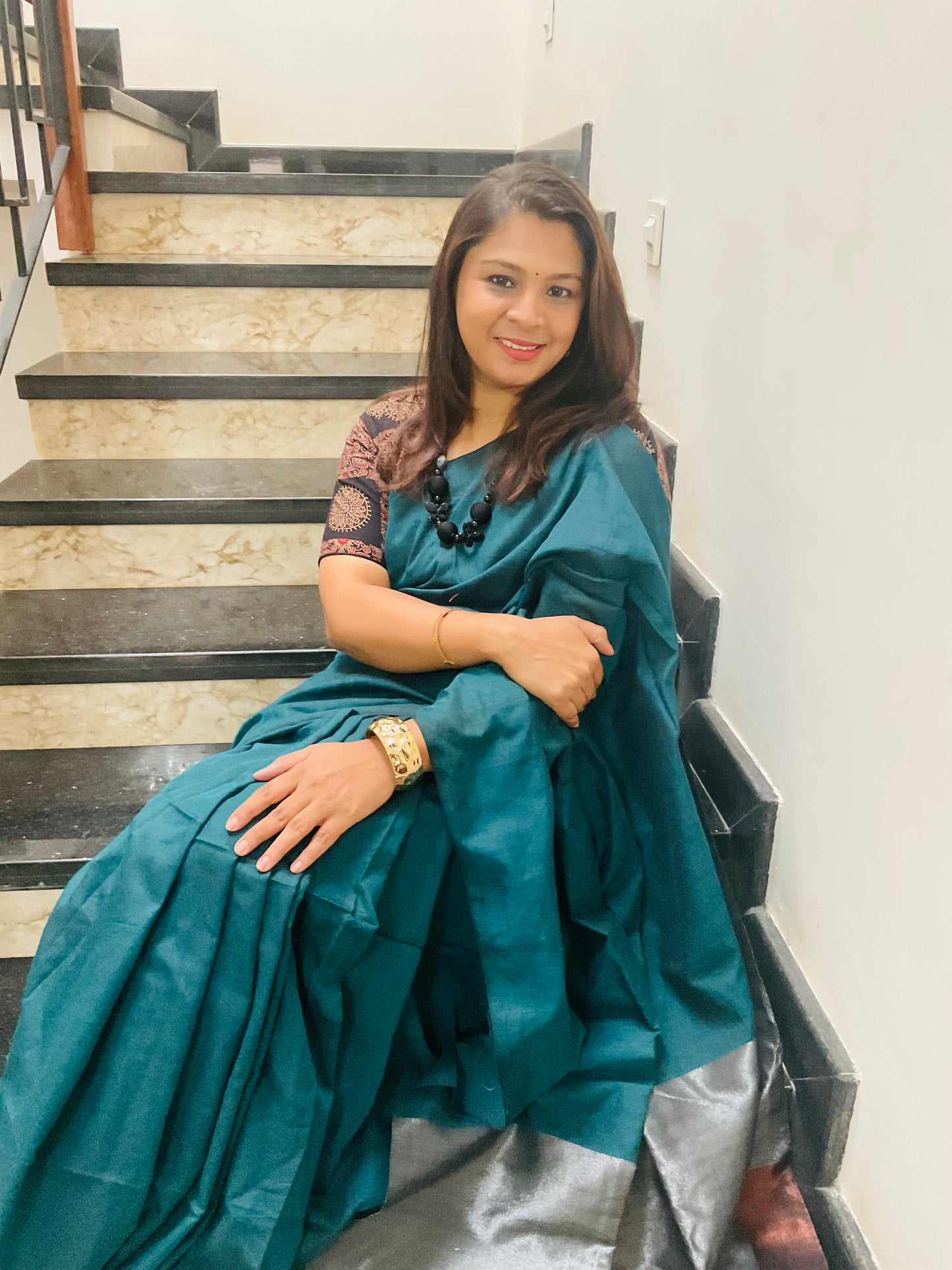 Handloom cotton saree(Teal green with contrast pallu)