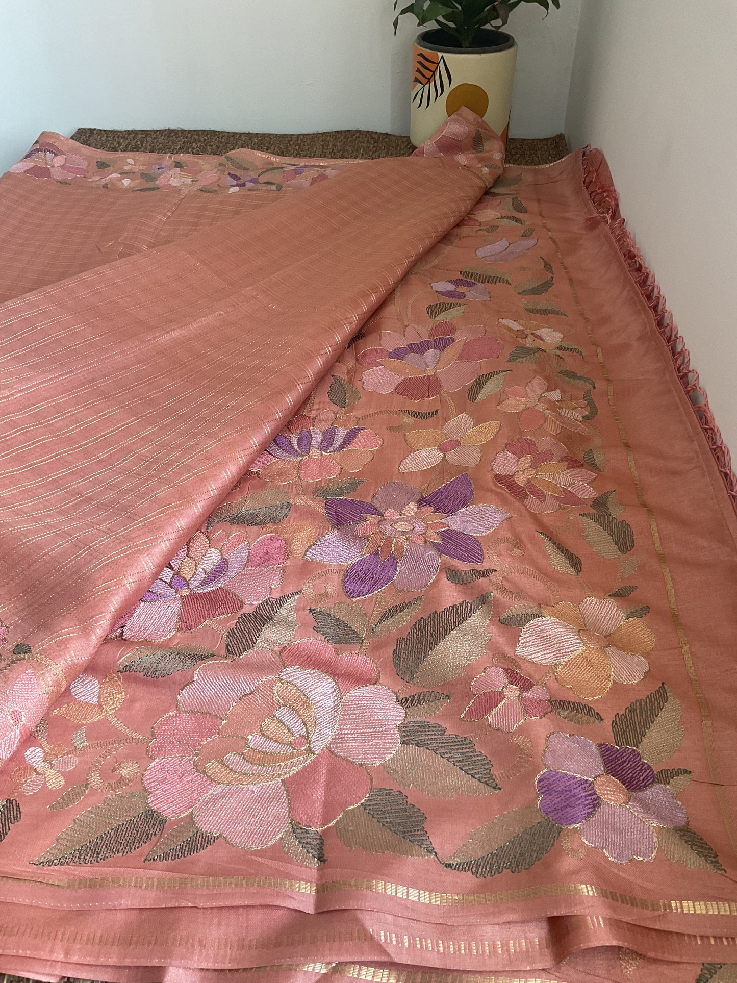 Fancy Viscose saree-(Peach machine embroidery)