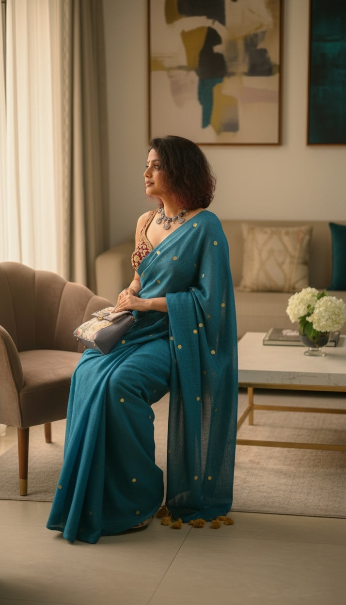 Gini Mul cotton saree(Teal blue)