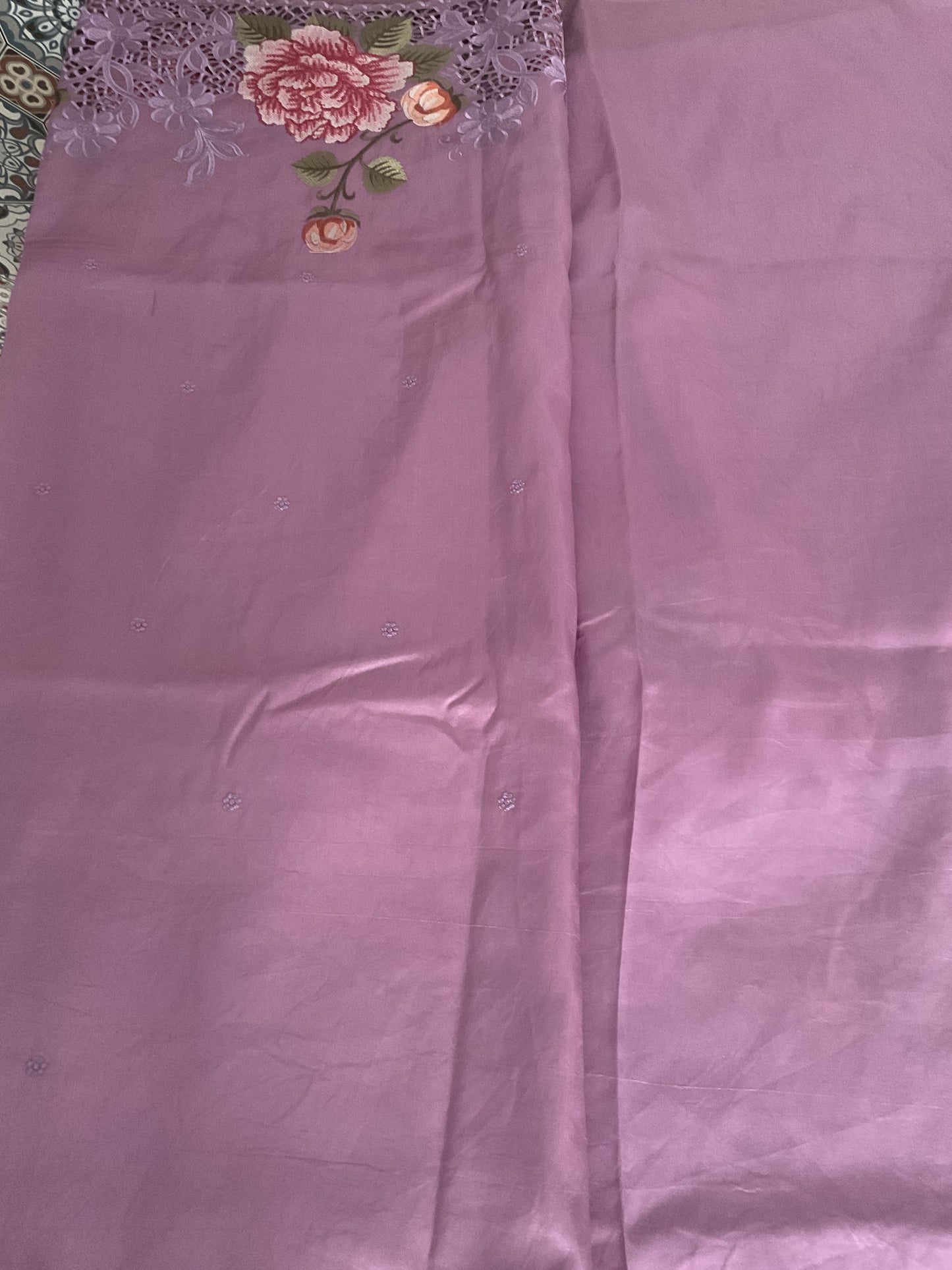 Pure Raw silk with Korean machine embroidery(Lavender)