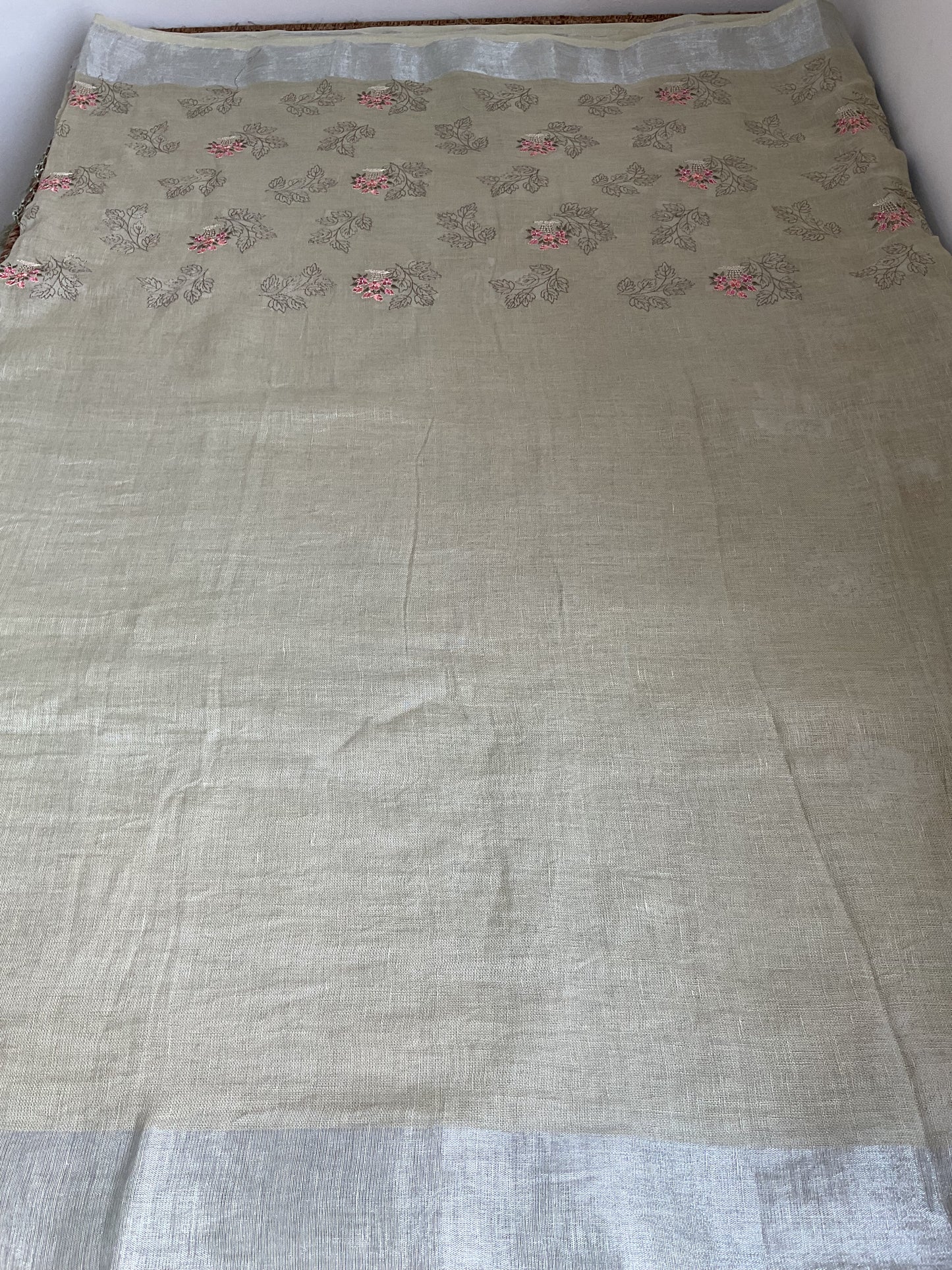 Linen saree with Kantha embroidery(Sage green)