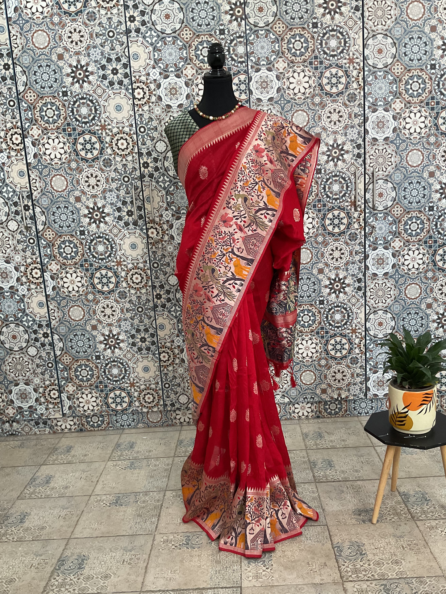Red tussar saree