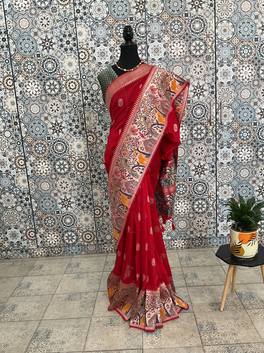 Red tussar saree