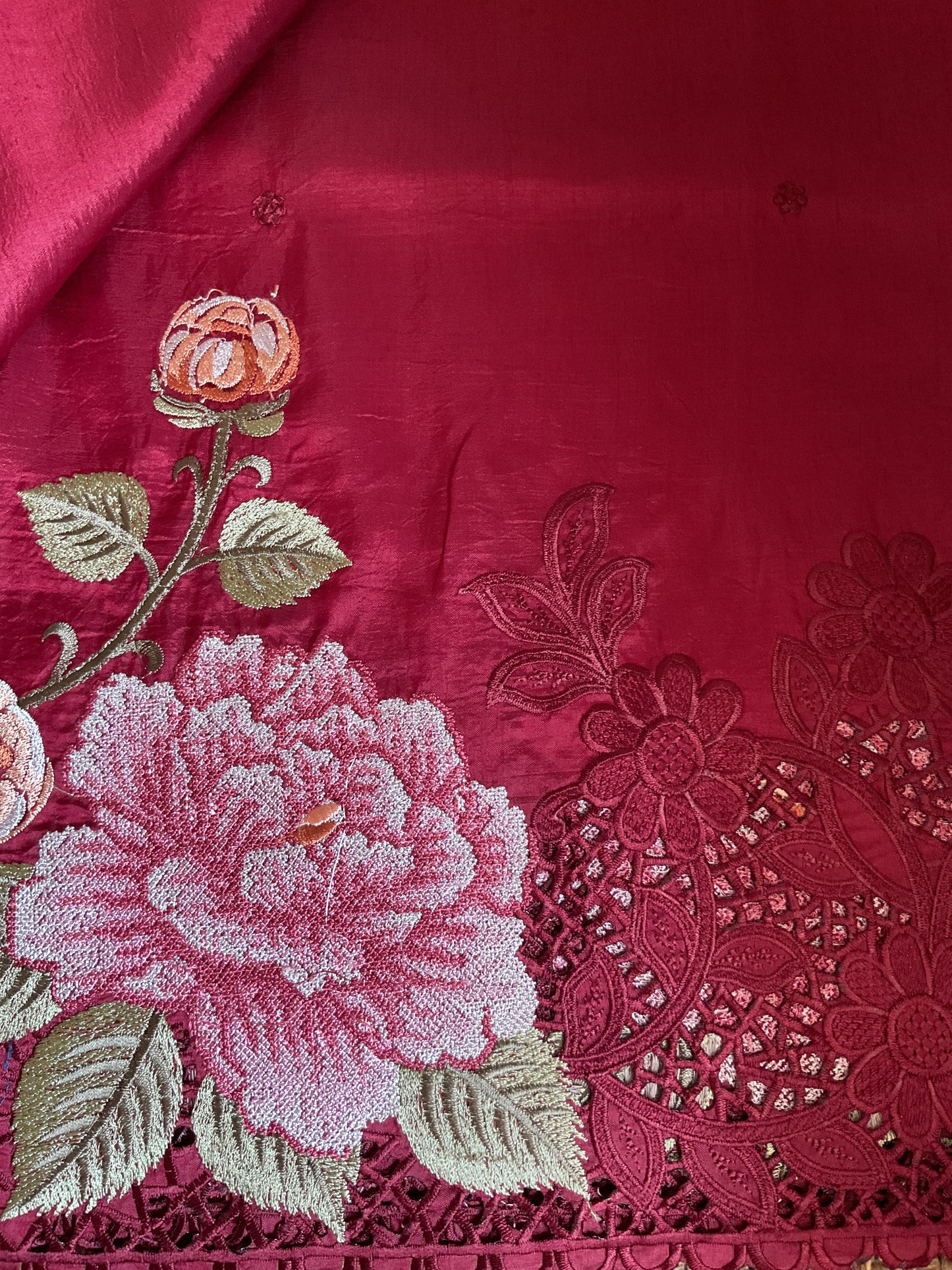 Pure Raw silk with Korean machine embroidery(Deep wine Red saree)